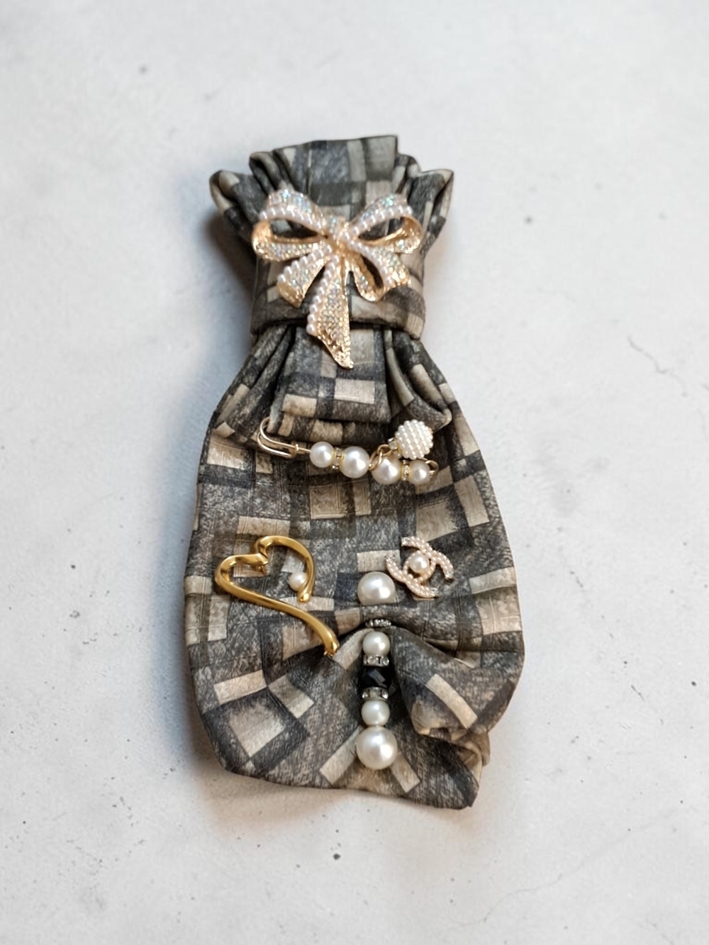 Brown/Gray Checked Necktie Necklace with Pearl & Bow Accent